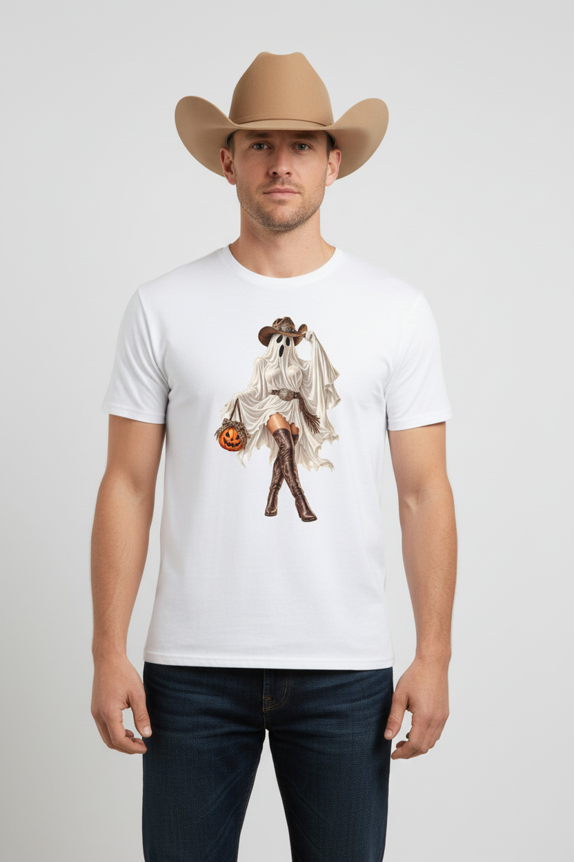 Cowboy wearing the Boots and Boos white Halloween tee