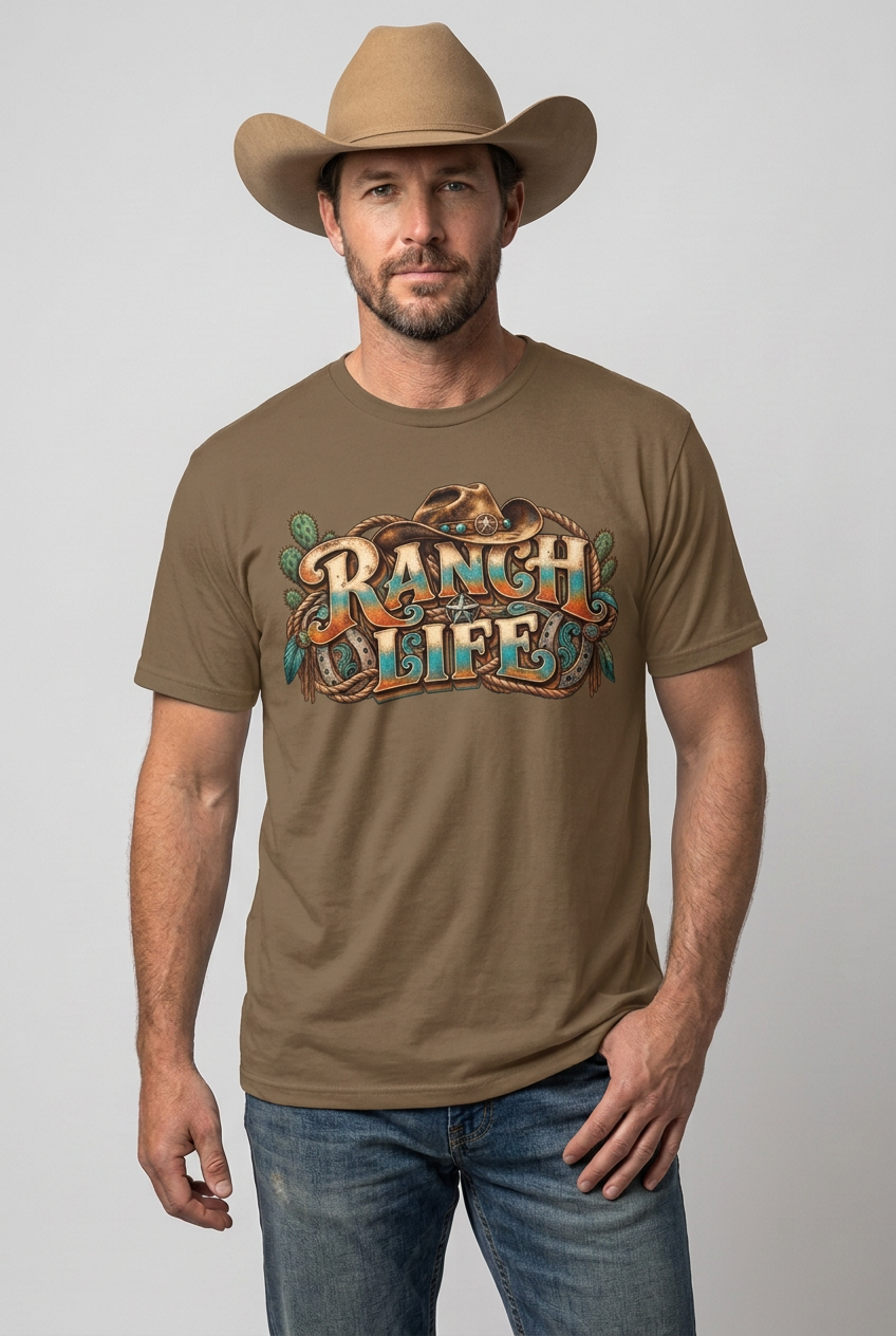Cowboy wearing the brown Ranch Life tee in a realistic studio portrait