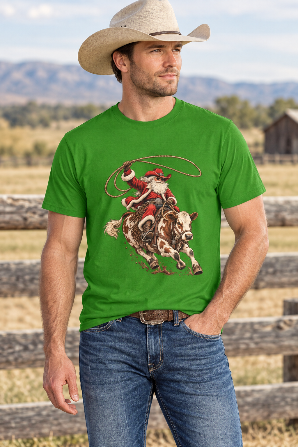 Cowboy wearing the green Cowboy Santa tee