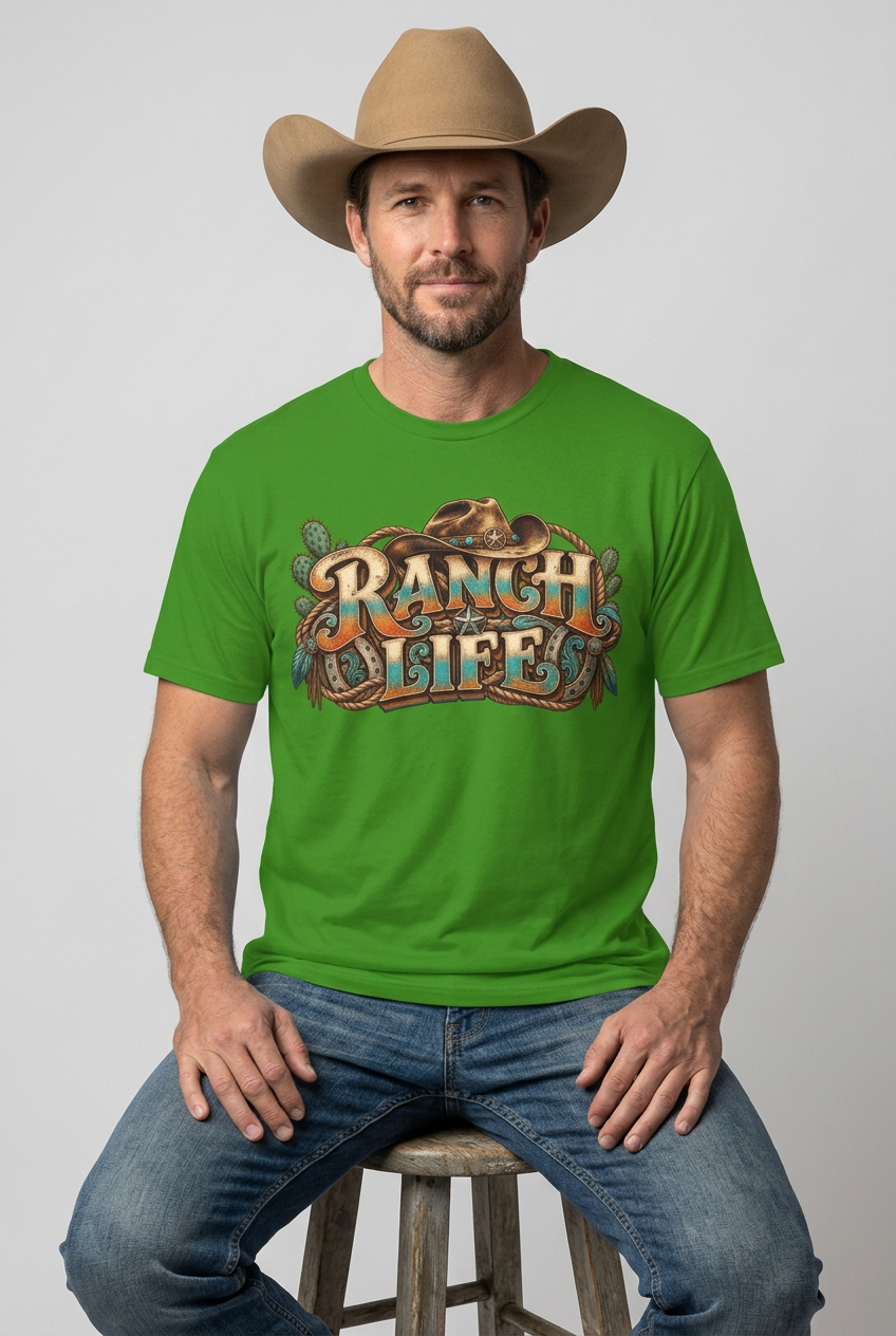 Cowboy wearing the green Ranch Life tee in a seated studio portrait