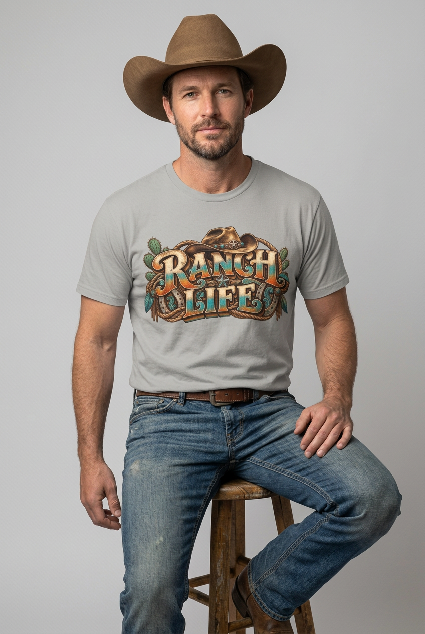 Cowboy wearing the light gray Ranch Life tee seated on a studio stool