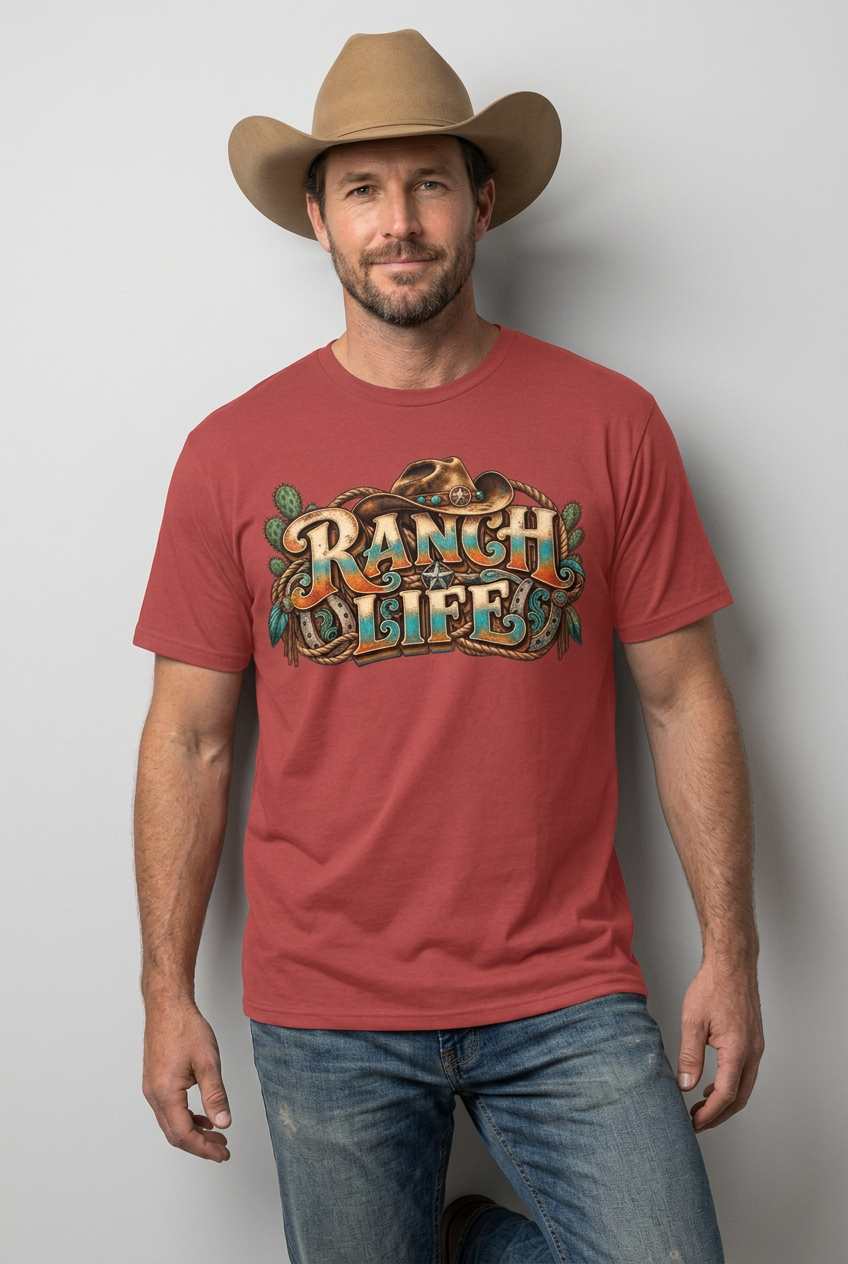 Cowboy wearing the red Ranch Life tee in a single studio portrait