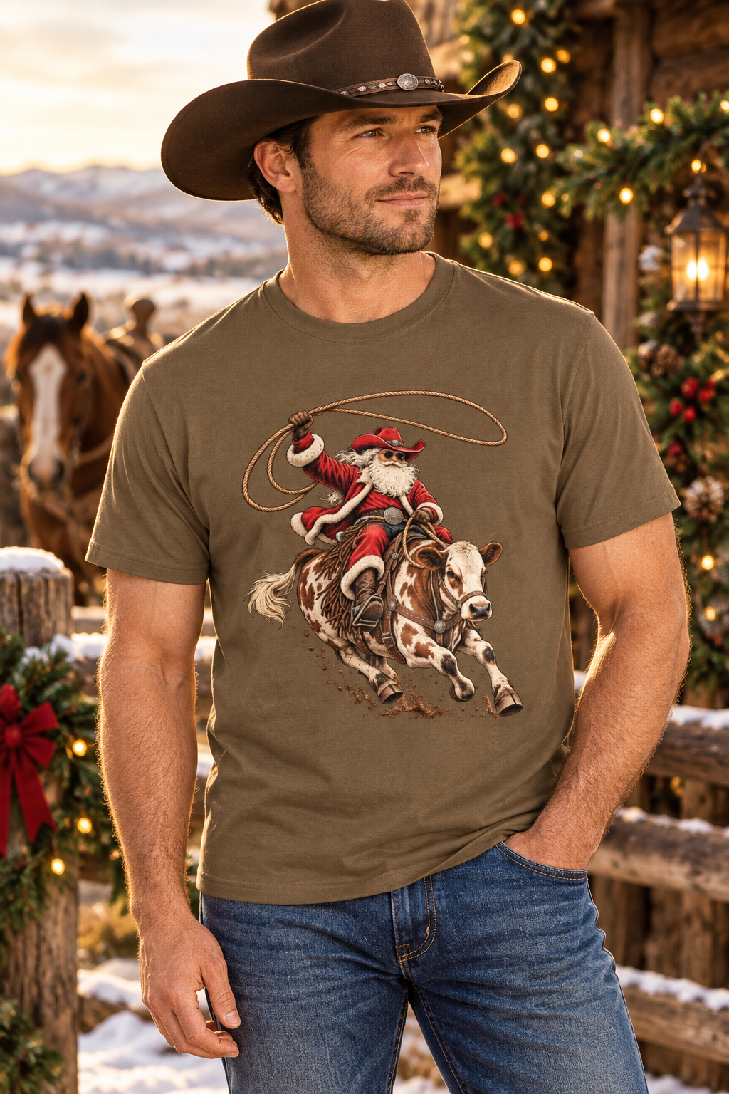 Cowboy wearing the SaddleBrown Cowboy Santa Rodeo shirt