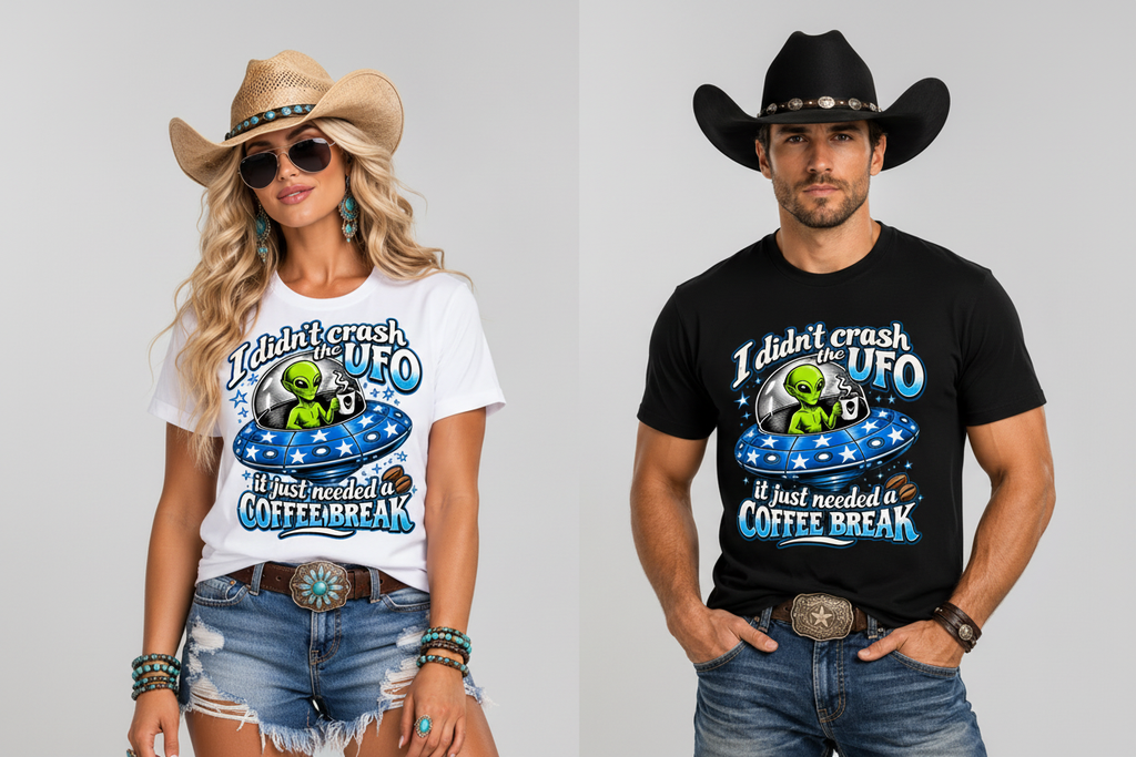 Cowgirl and cowboy side by side in the UFO coffee break tees