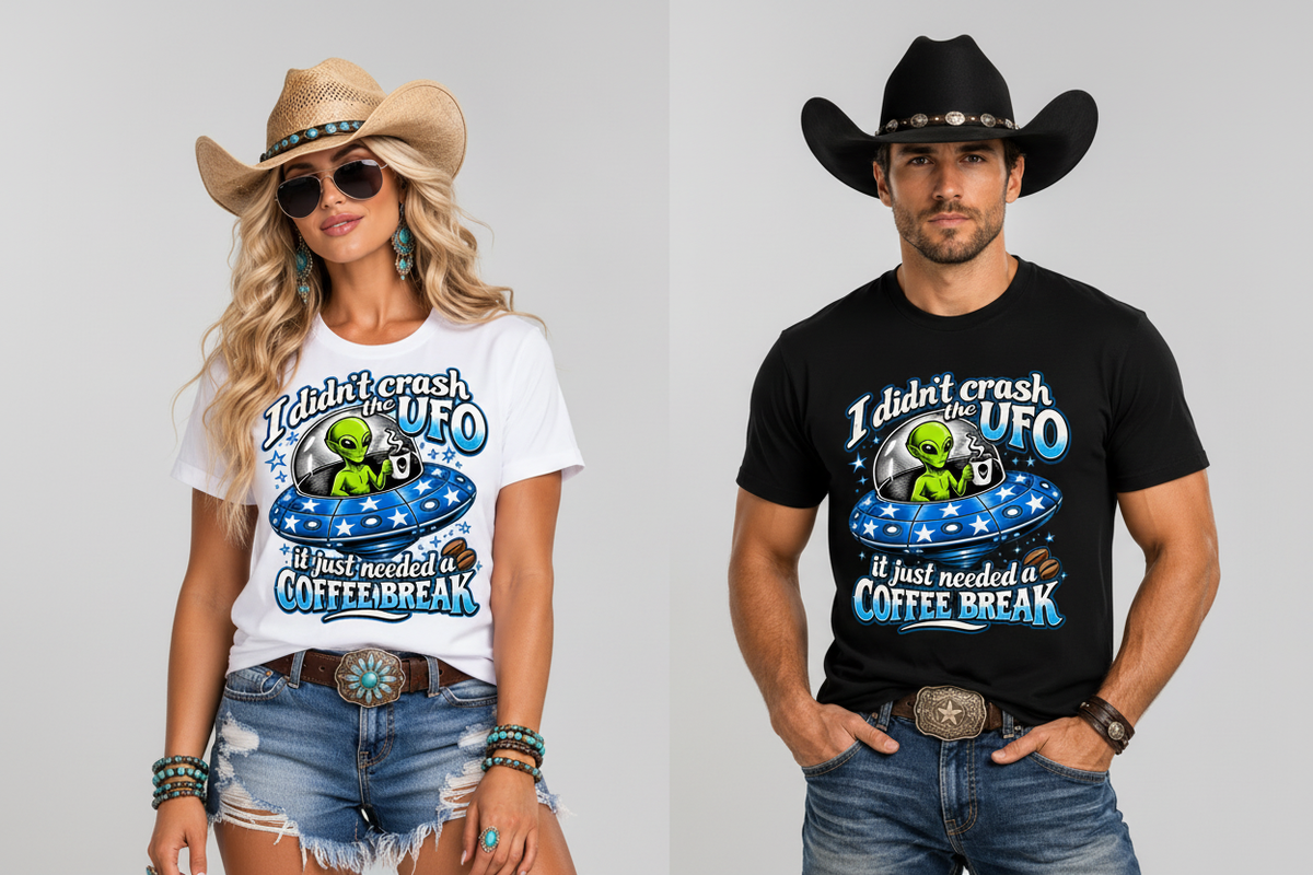 Cowgirl and cowboy side by side in the UFO coffee break tees