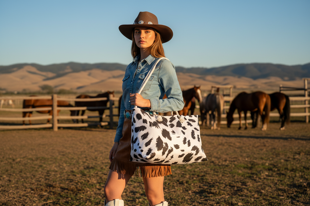 Cowgirl at ranch with horses in background
