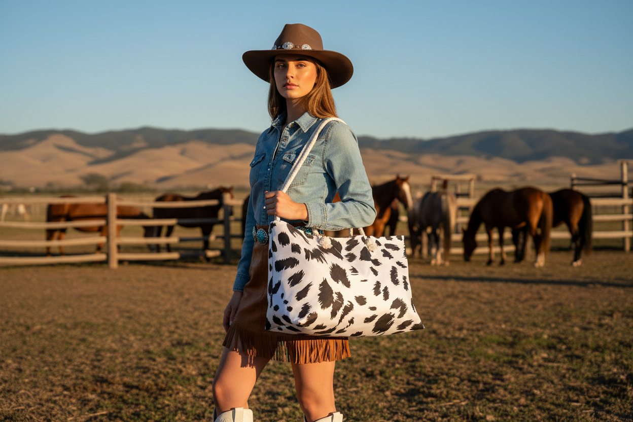 Cowgirl at ranch with horses in background