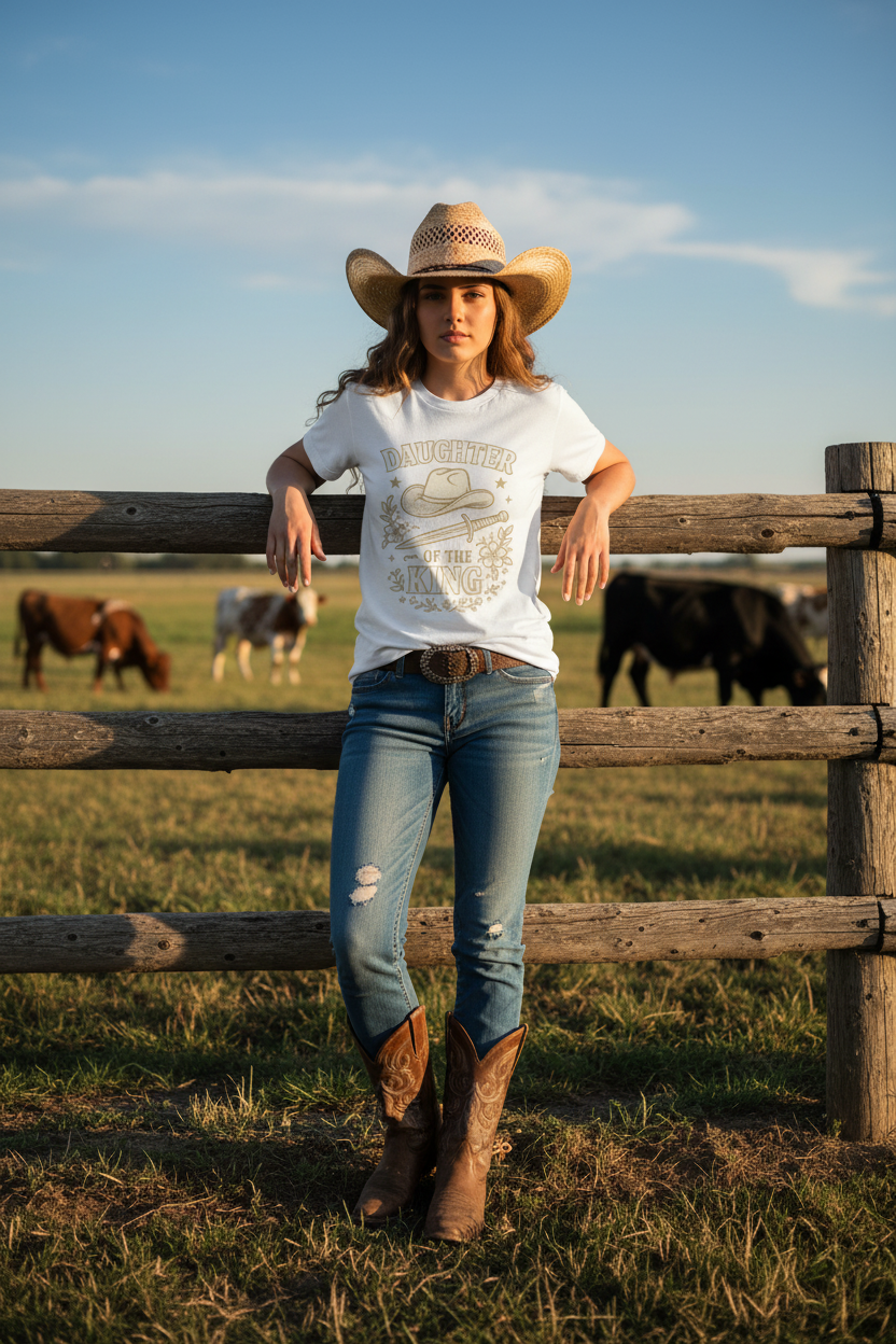 Cowgirl by ranch fence with cattle