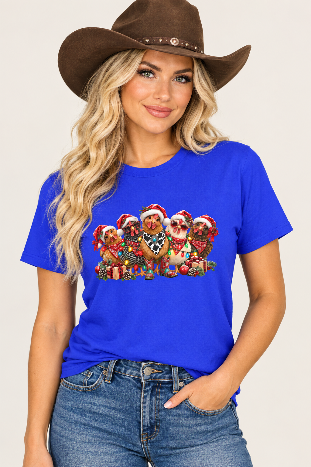 Cowgirl clean Etsy mockup, blue tee, pose 1