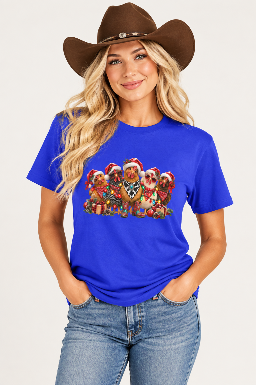 Cowgirl clean Etsy mockup, blue tee, pose 2