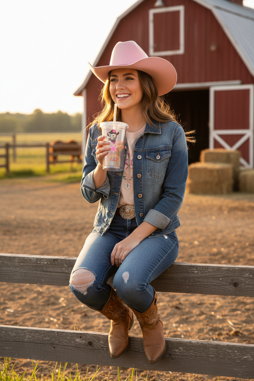 Cowgirl Drinking from You Heard Pink Western Tumbler