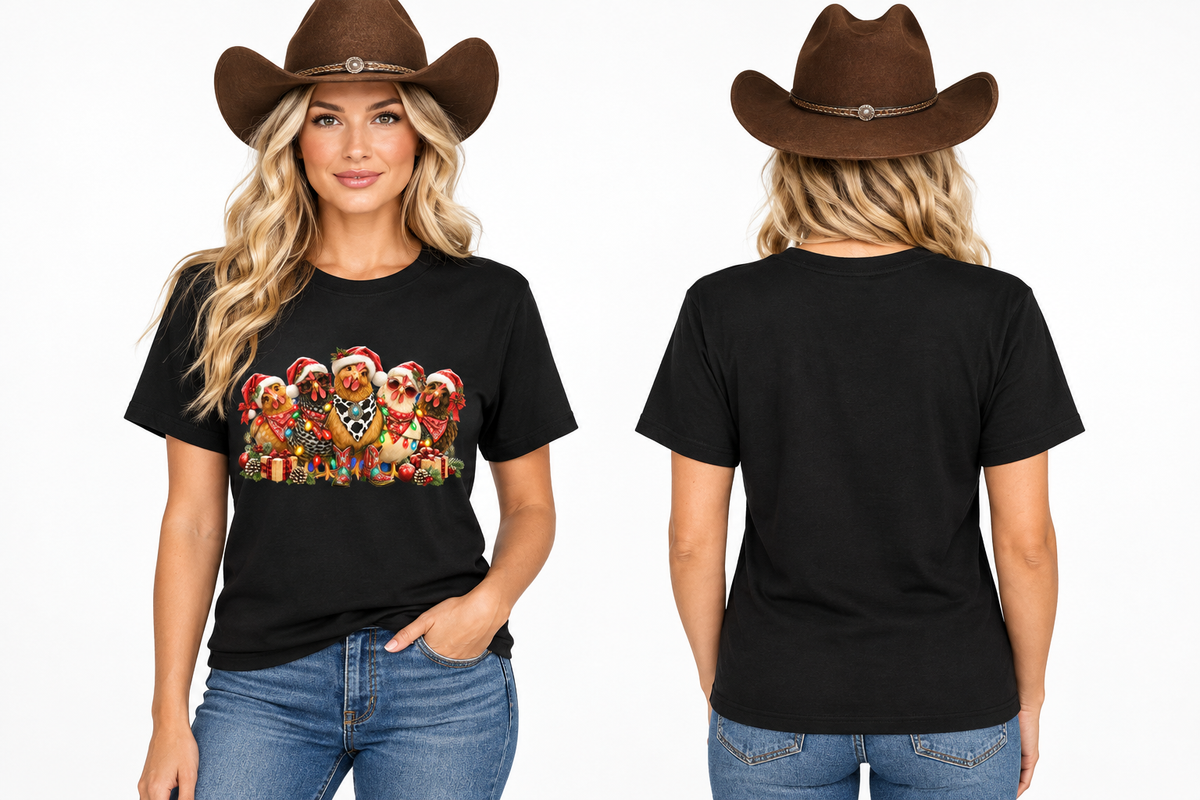 Cowgirl front and back combined, black Santa's Sassy Hens tee