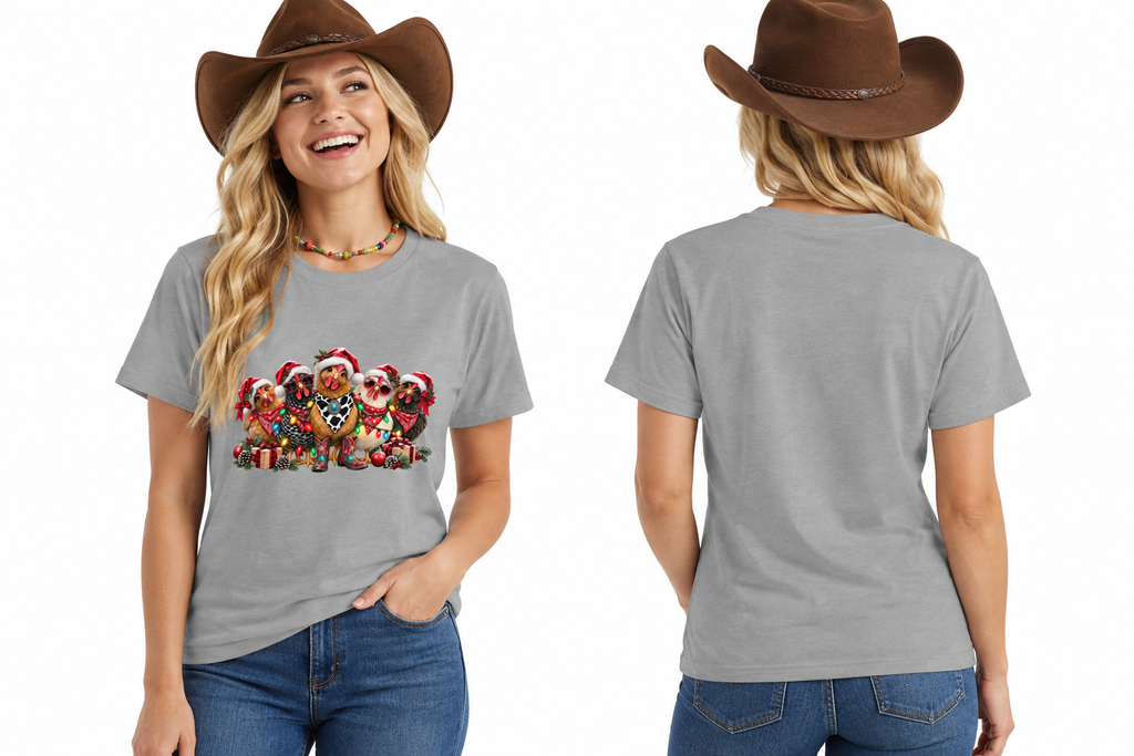 Cowgirl front and back combined, new pose, grey Santa's Sassy Hens tee