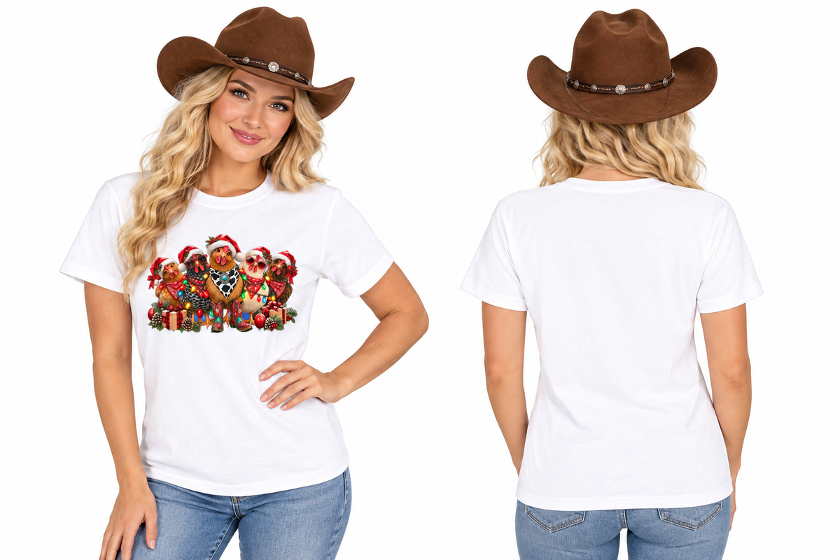 Cowgirl front and back combined, new pose, white Santa's Sassy Hens tee