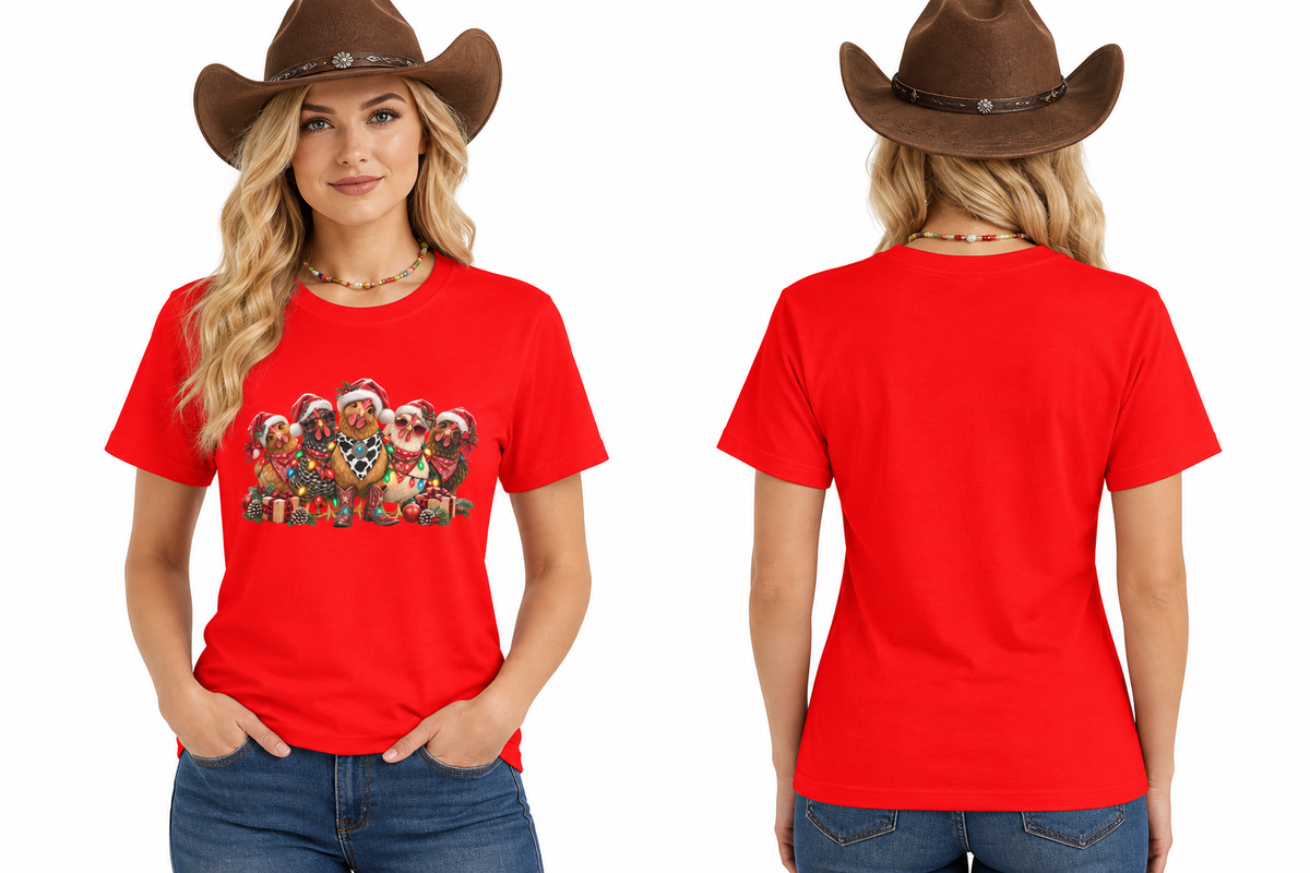 Cowgirl front and back combined, red Santa's Sassy Hens tee