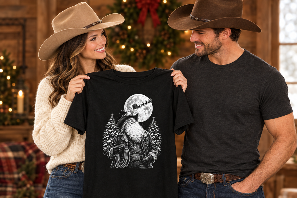 Cowgirl giving the Cowboy Santa tee to a cowboy as a Christmas gift