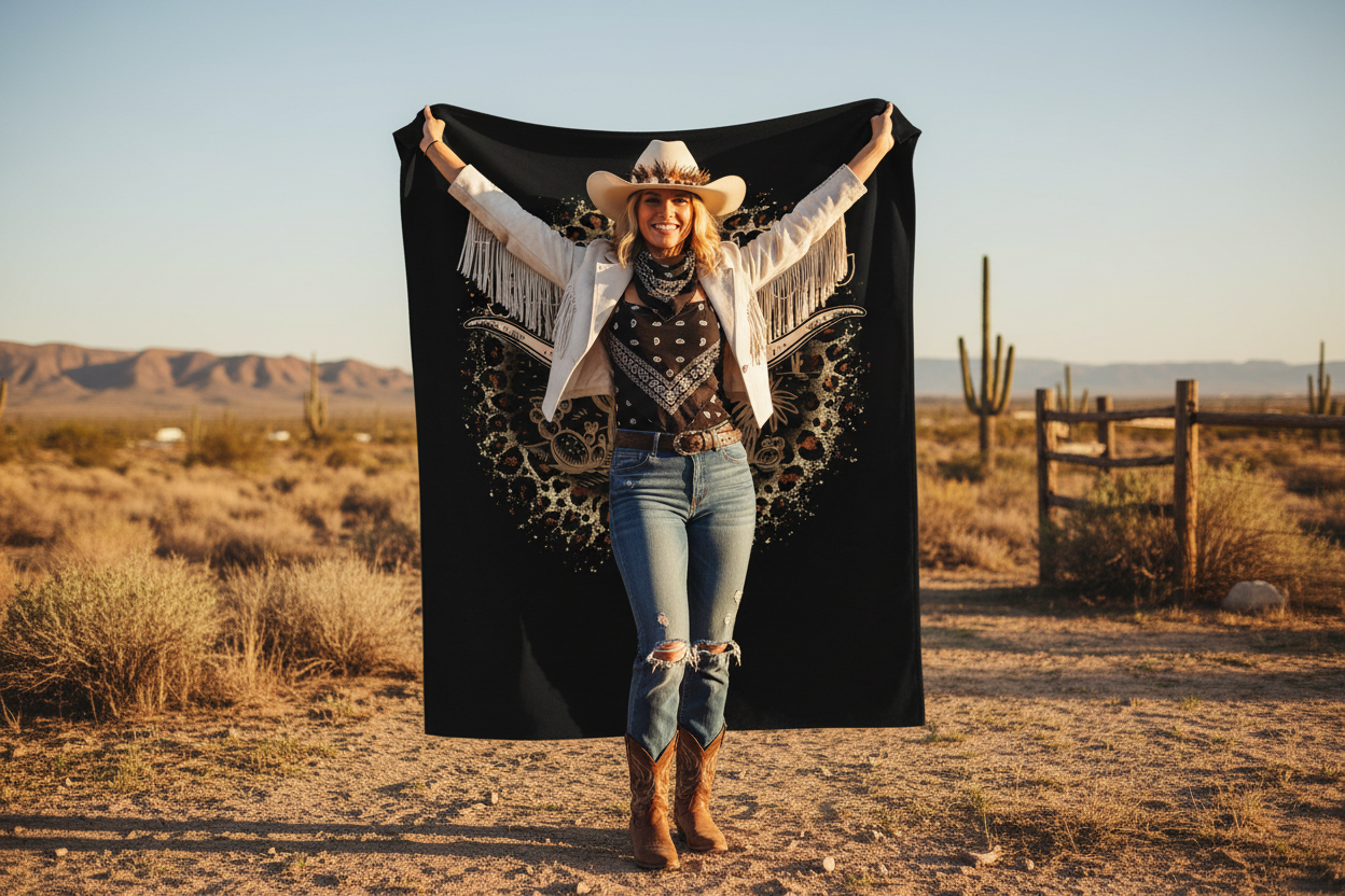 Cowgirl Holding Blanket Up