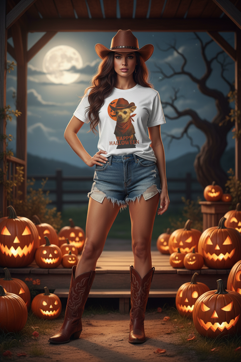 Cowgirl in Actual Halloween Dog Tee