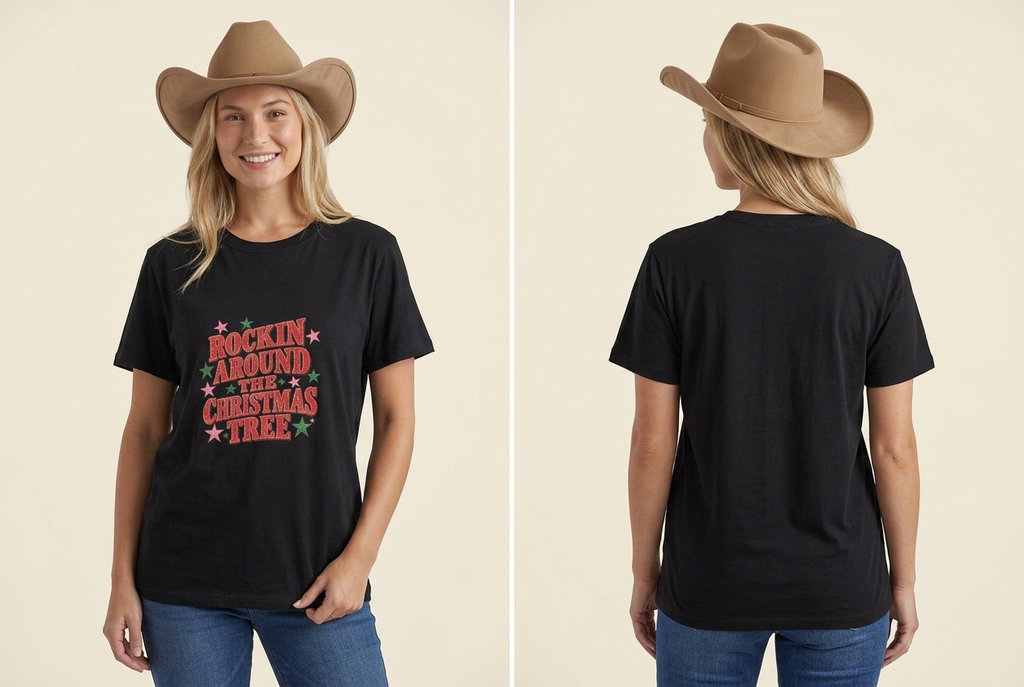 Cowgirl in black Christmas tee front and back on a cream studio background