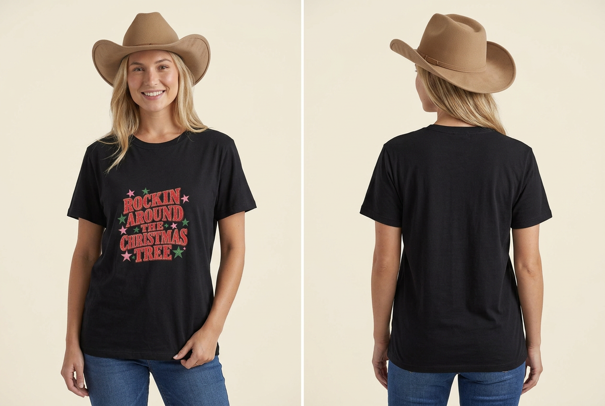 Cowgirl in black Christmas tee front and back on a cream studio background