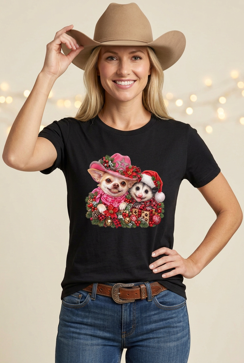 Cowgirl in black Cocoa and Pete Christmas tee with a different studio pose