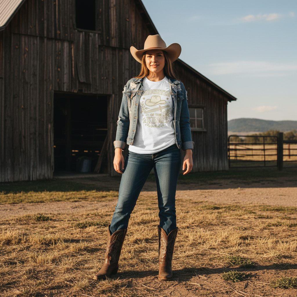 Cowgirl in front of rustic barn