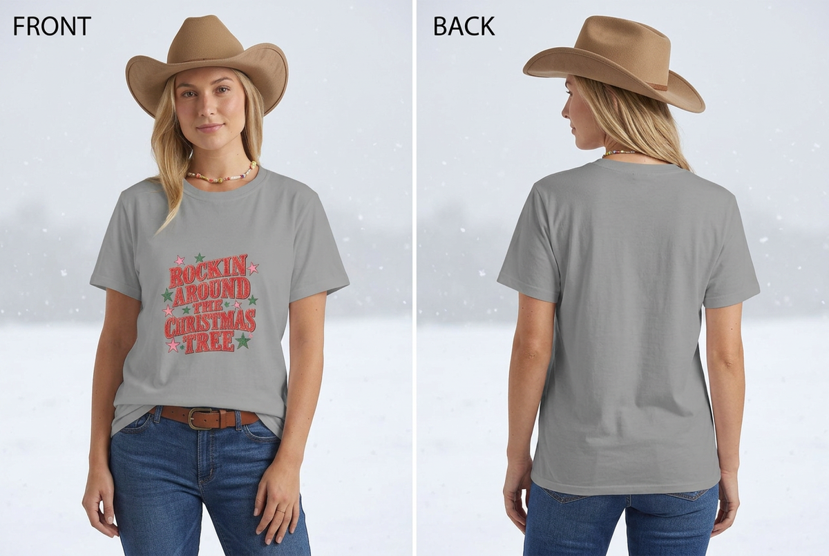 Cowgirl in gray Christmas tee front and back against a minimal snowy backdrop