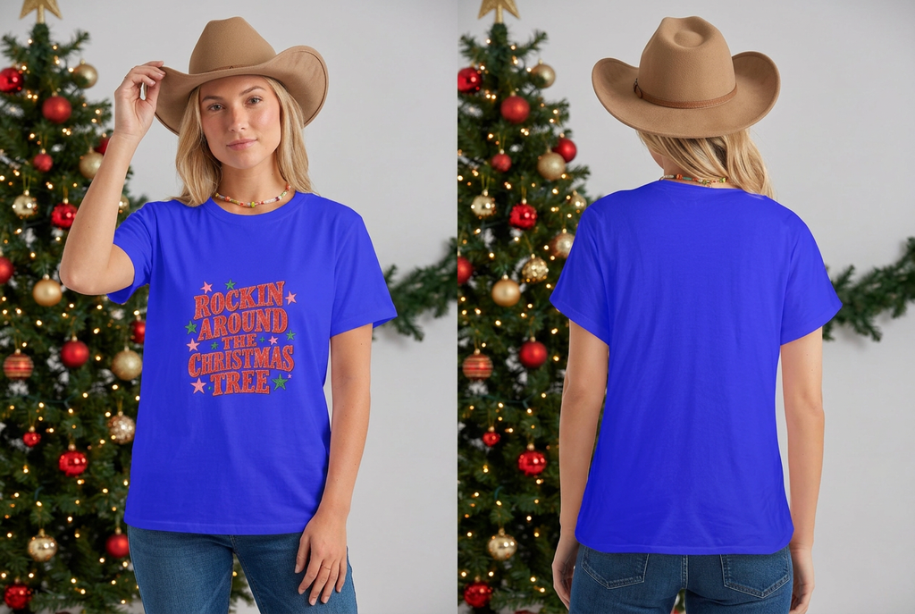 Cowgirl in royal-blue Christmas tee front and back in a festive studio