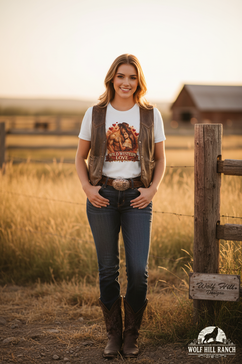Cowgirl in rustic ranch setting with logo