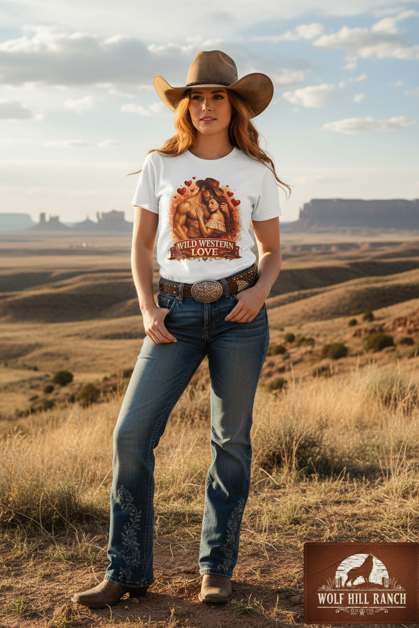 Cowgirl in scenic western landscape with logo