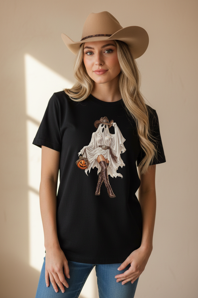 Cowgirl in the black Boots and Boos tee, warm minimal lifestyle shot