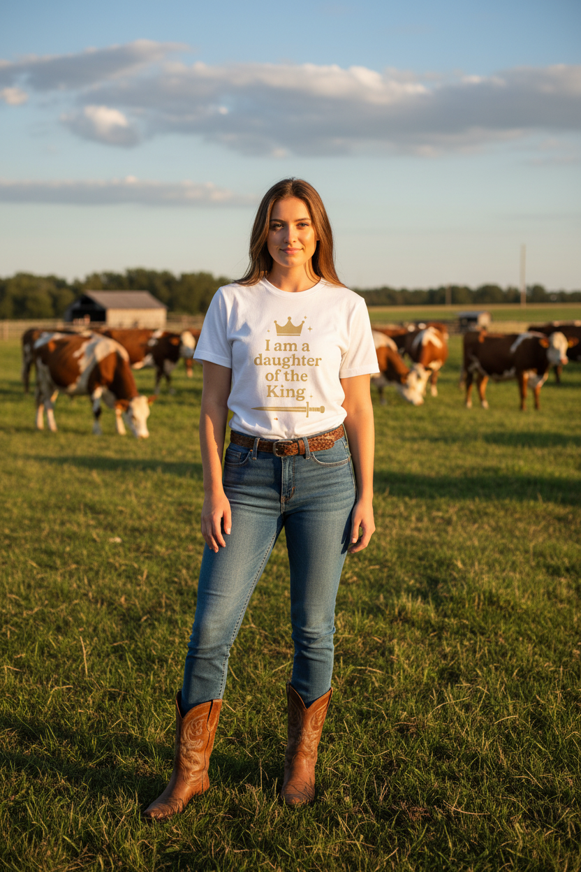 Cowgirl on farm with cows grazing