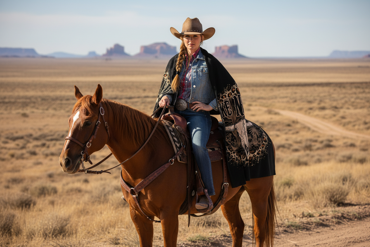 Cowgirl on Horse with Blanket