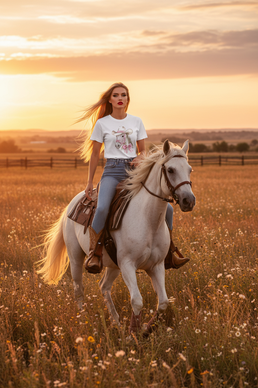 Cowgirl on White Horse - Golden Meadow