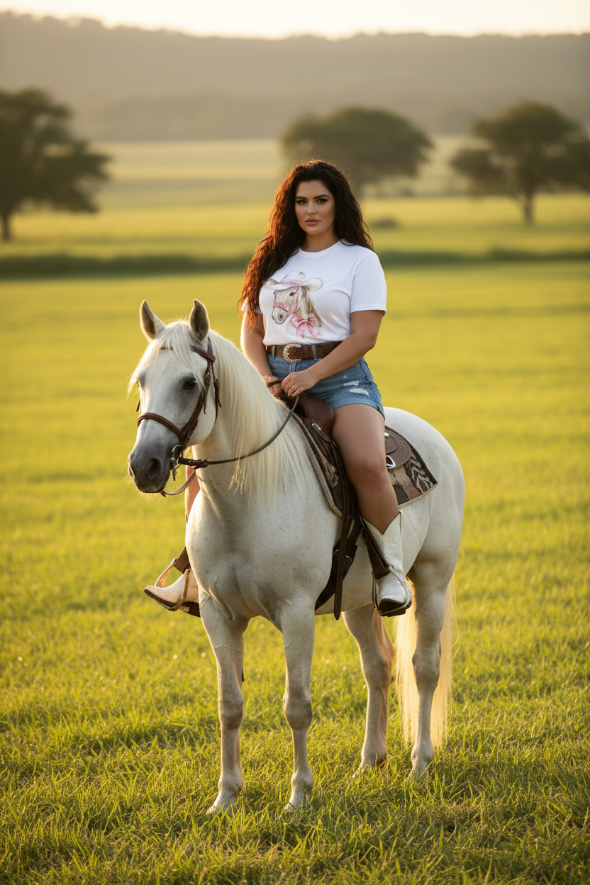Cowgirl on White Horse - Ranch Field