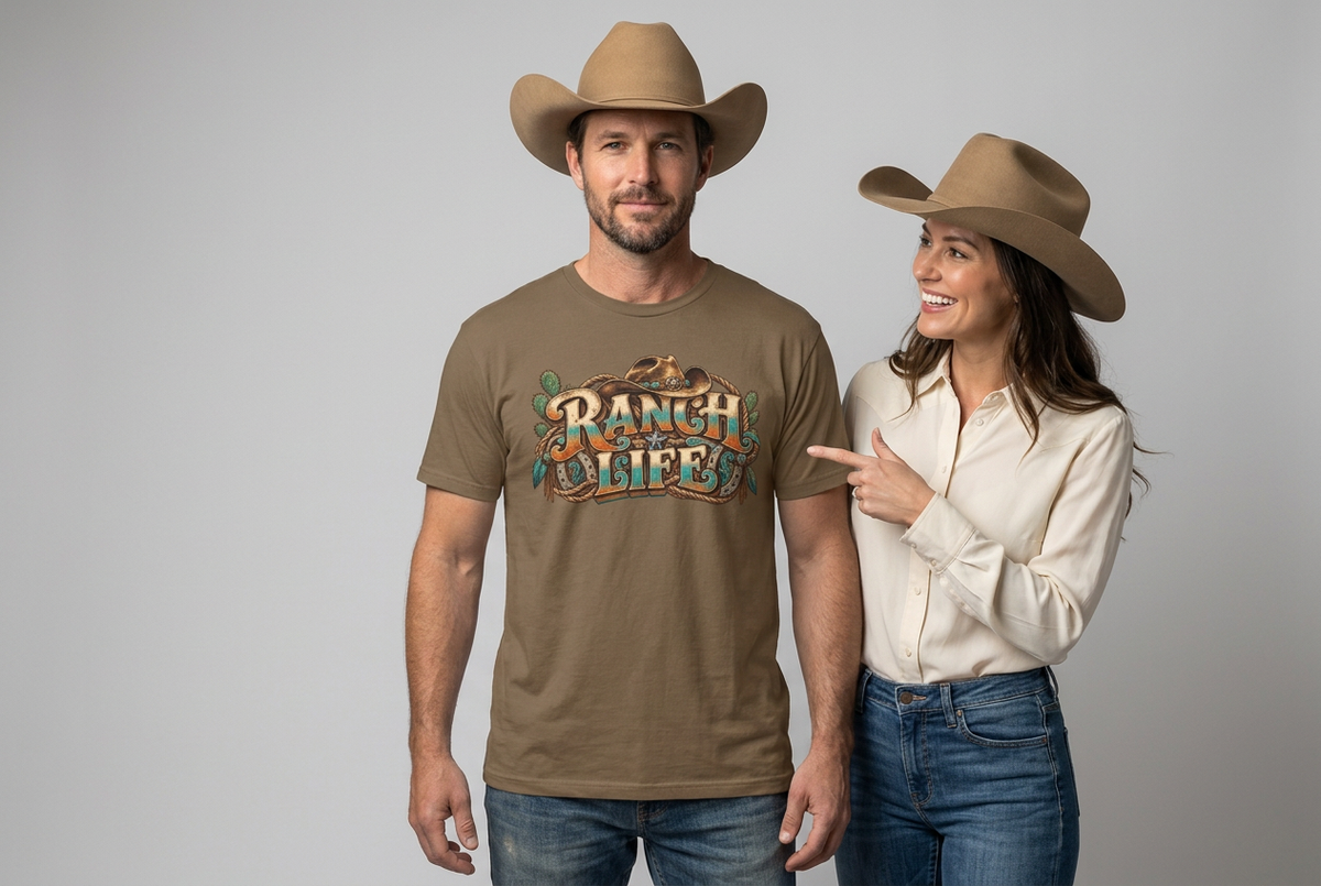 Cowgirl pointing at the Ranch Life design on the cowboy’s brown tee