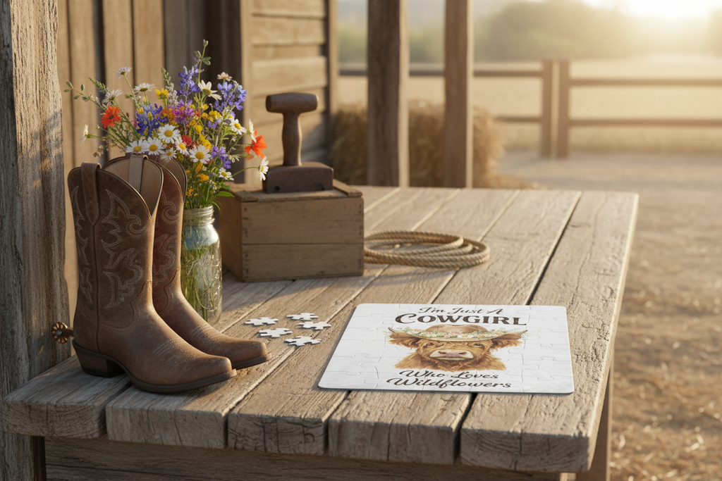 Cowgirl Puzzle on Ranch Porch