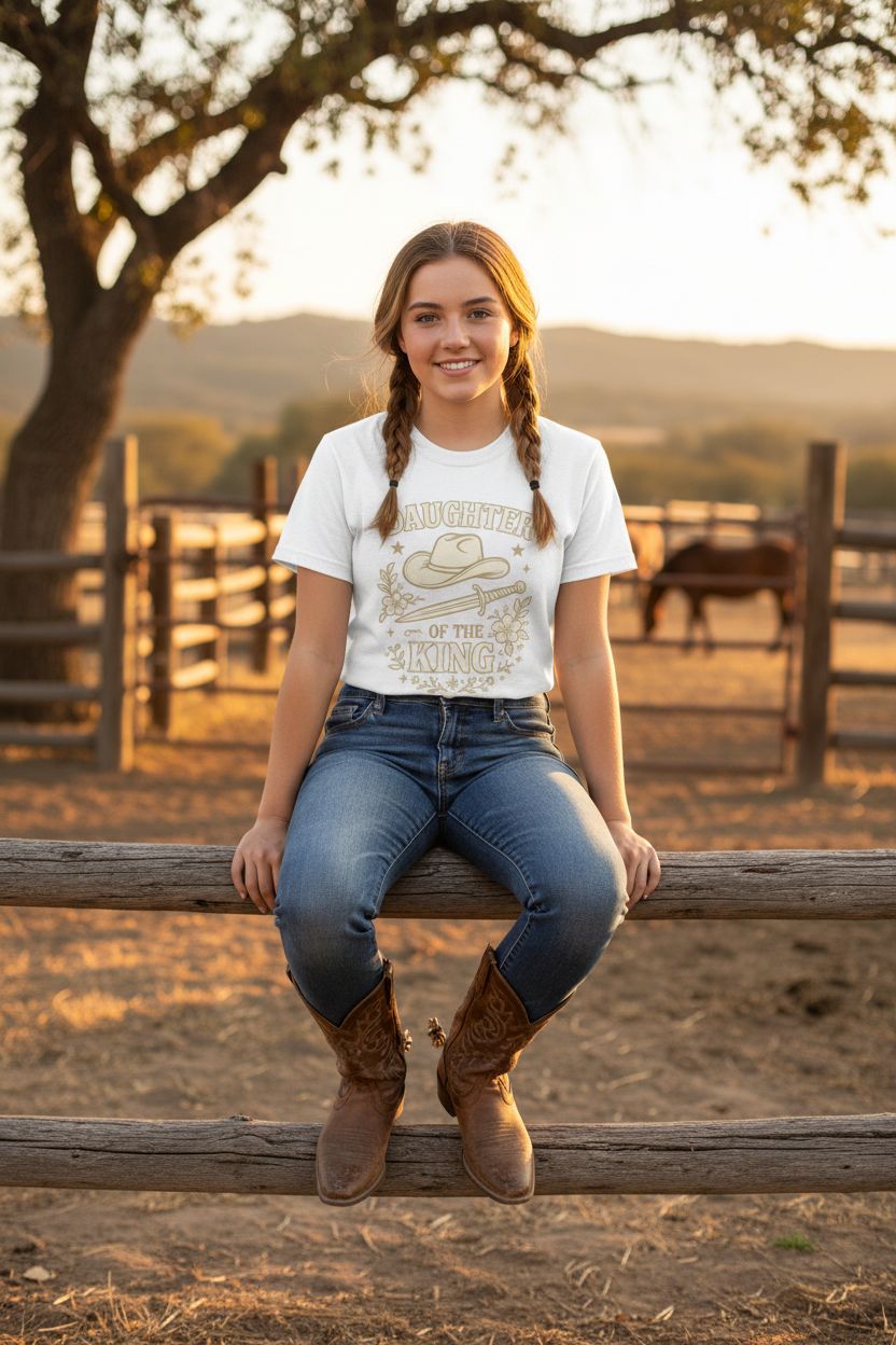 Cowgirl sitting on wooden fence rail