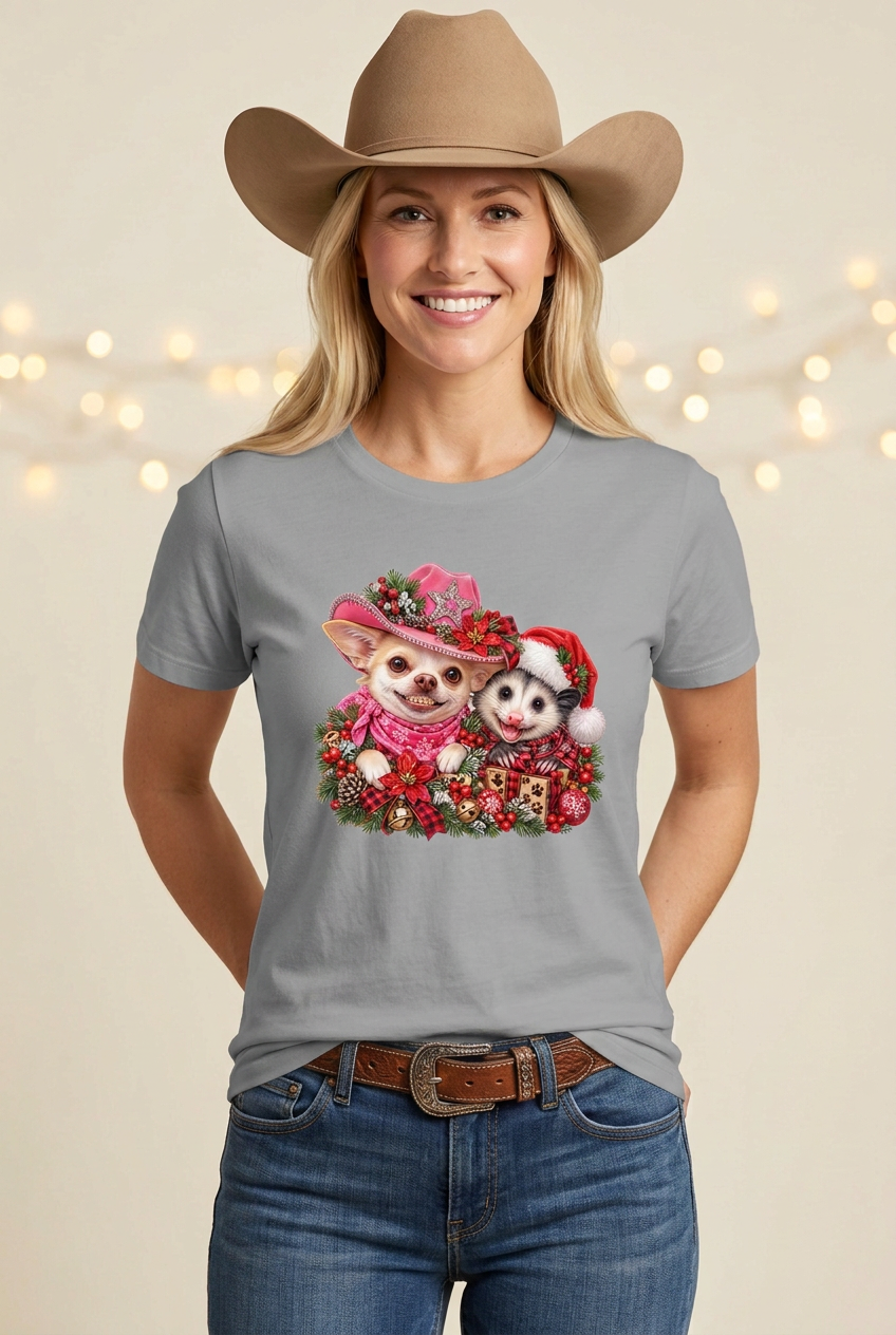 Cowgirl studio mockup wearing the grey Cocoa and Pete Christmas T-shirt