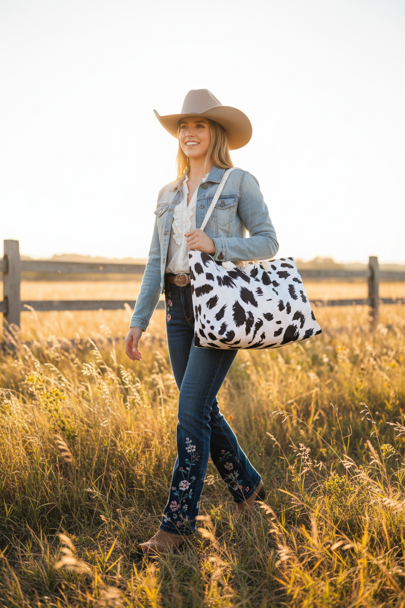Cowgirl walking through sunlit field at golden hour