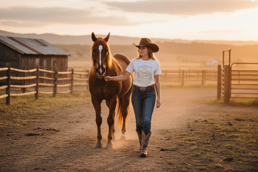 Cowgirl walking with horse at sunset