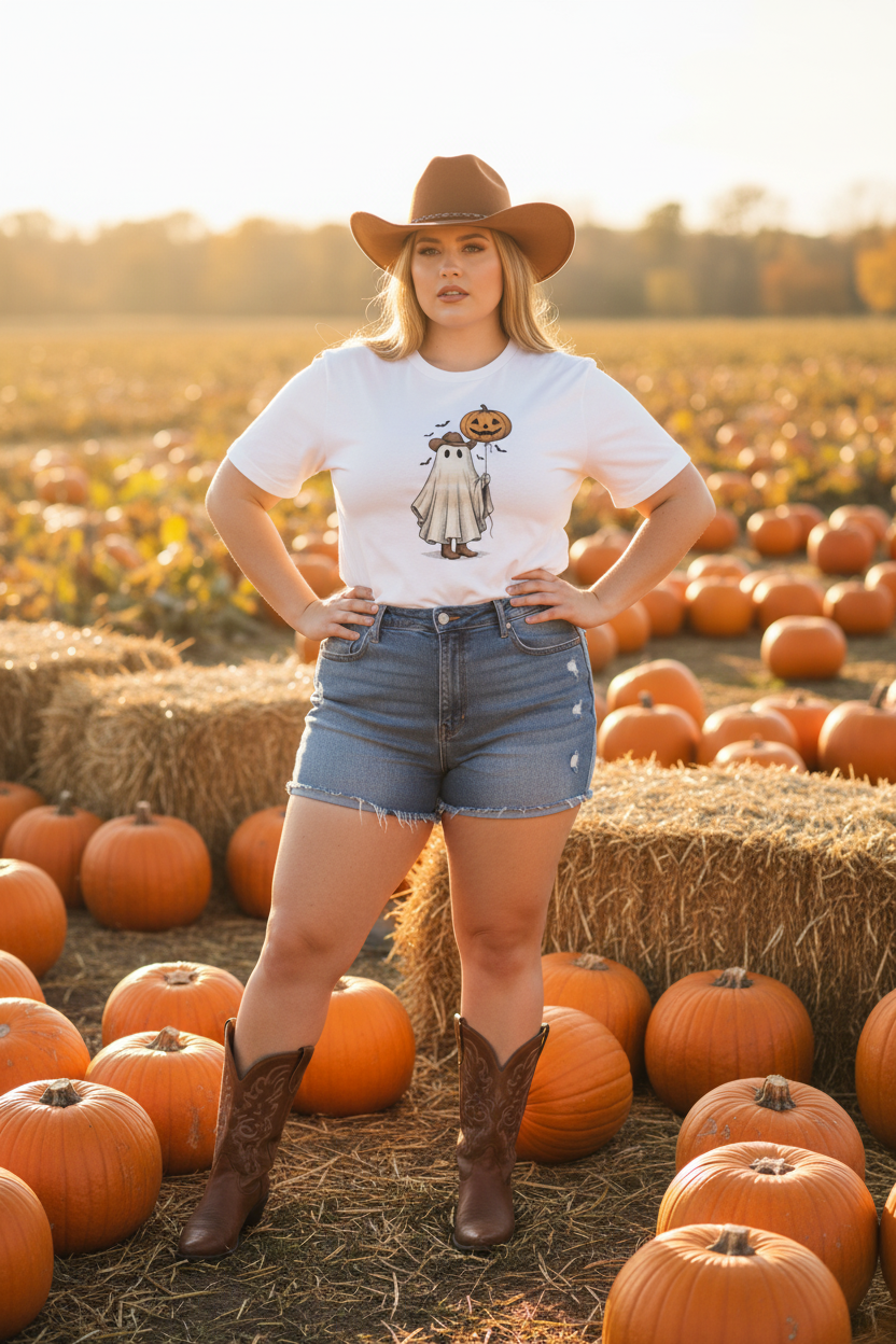 Cowgirl Wearing Ghost Cowboy Tee at Pumpkin Patch
