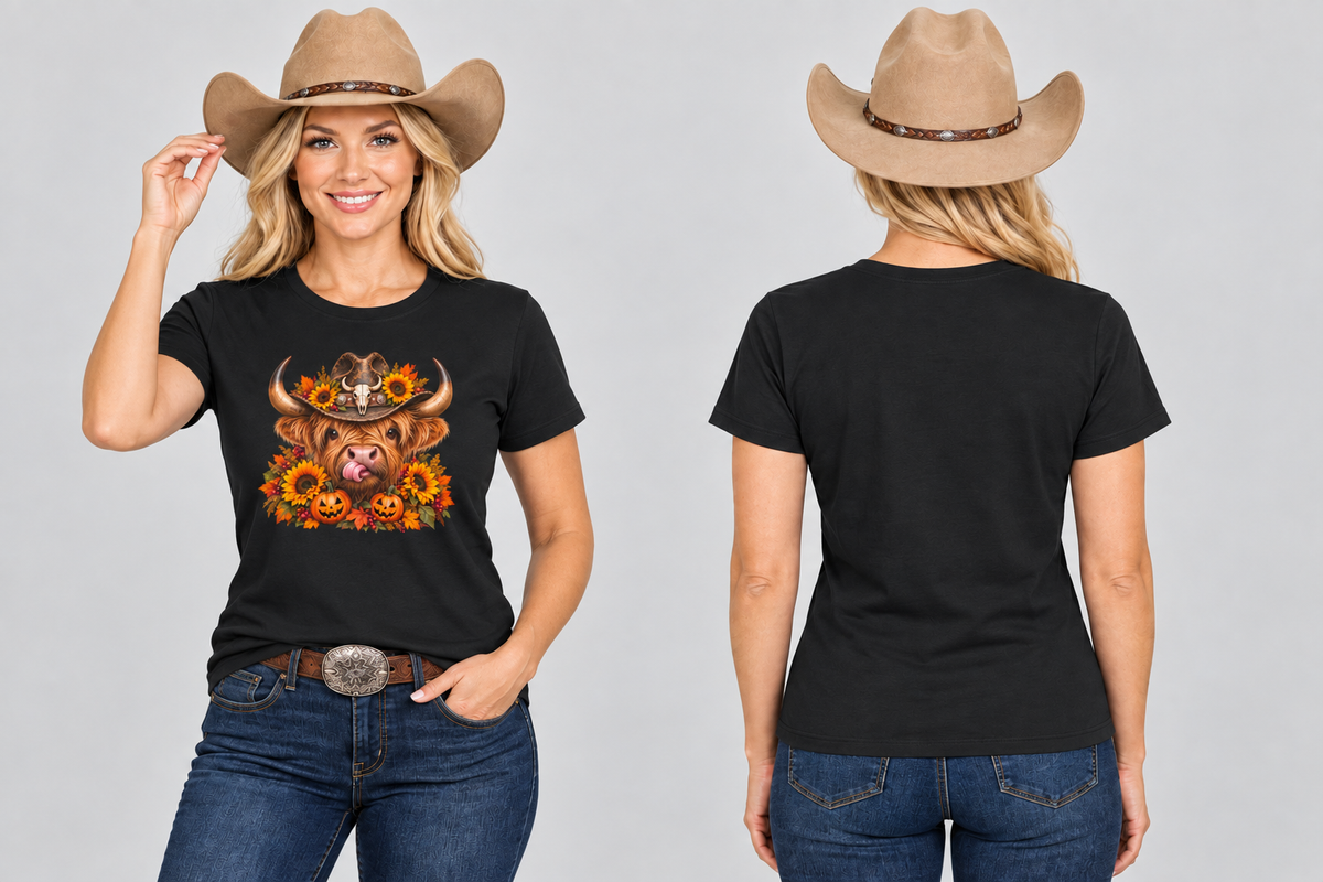 Cowgirl wearing the black Highland Cow Halloween tee, front and back with new poses