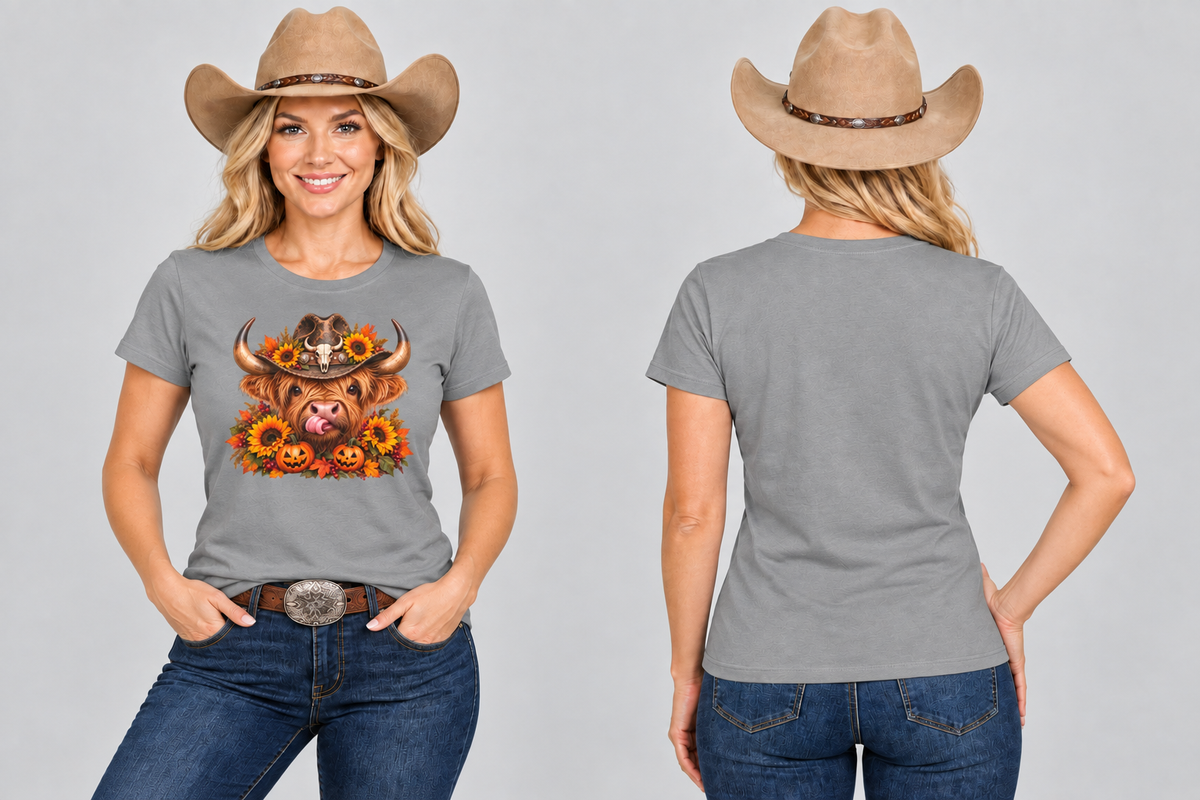 Cowgirl wearing the grey Highland Cow Halloween tee, front and back with fresh poses