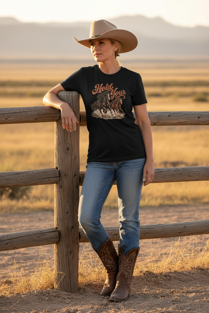 Cowgirl wearing the Hold Your Horses western graphic tee