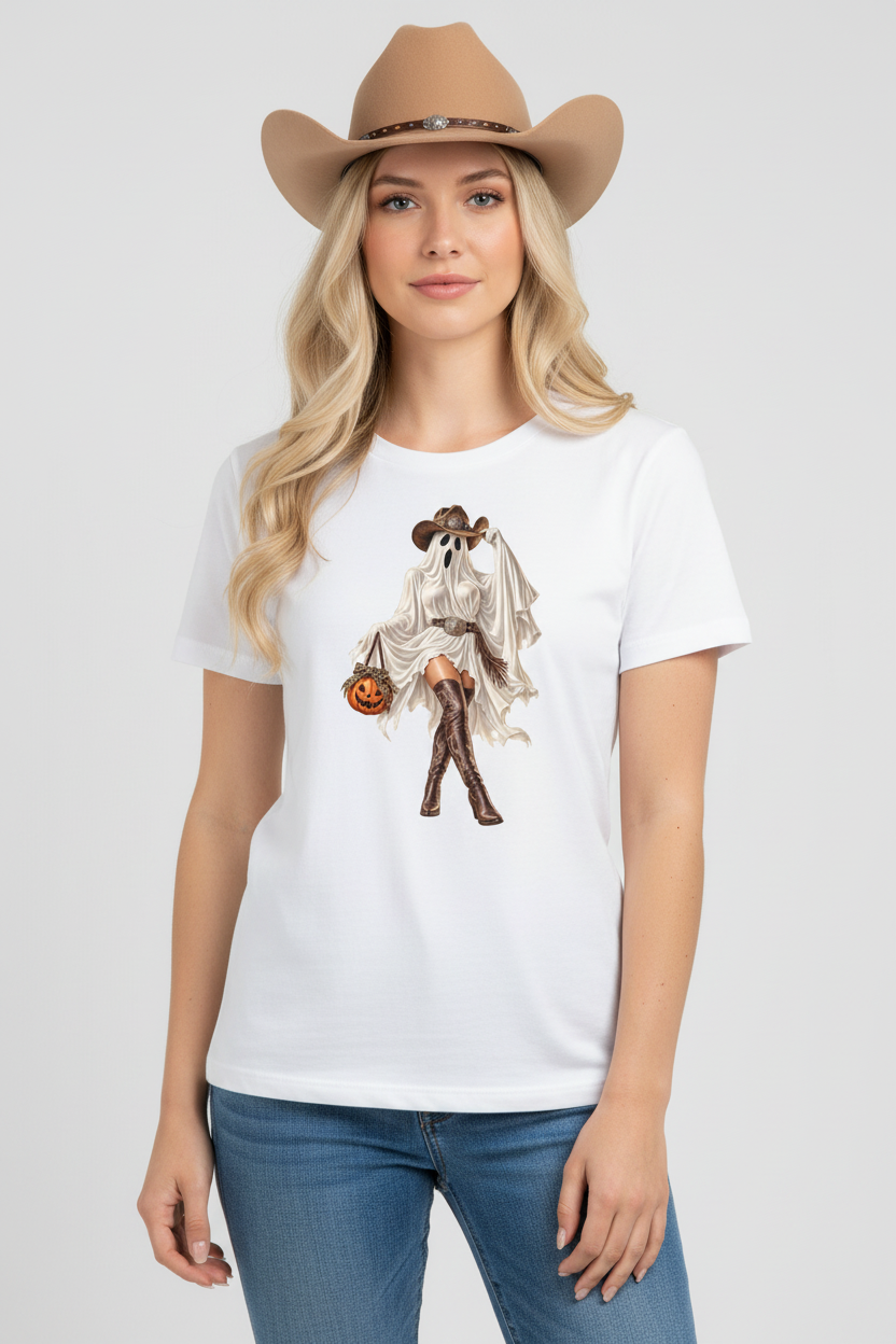 Cowgirl wearing the white Boots and Boos tee