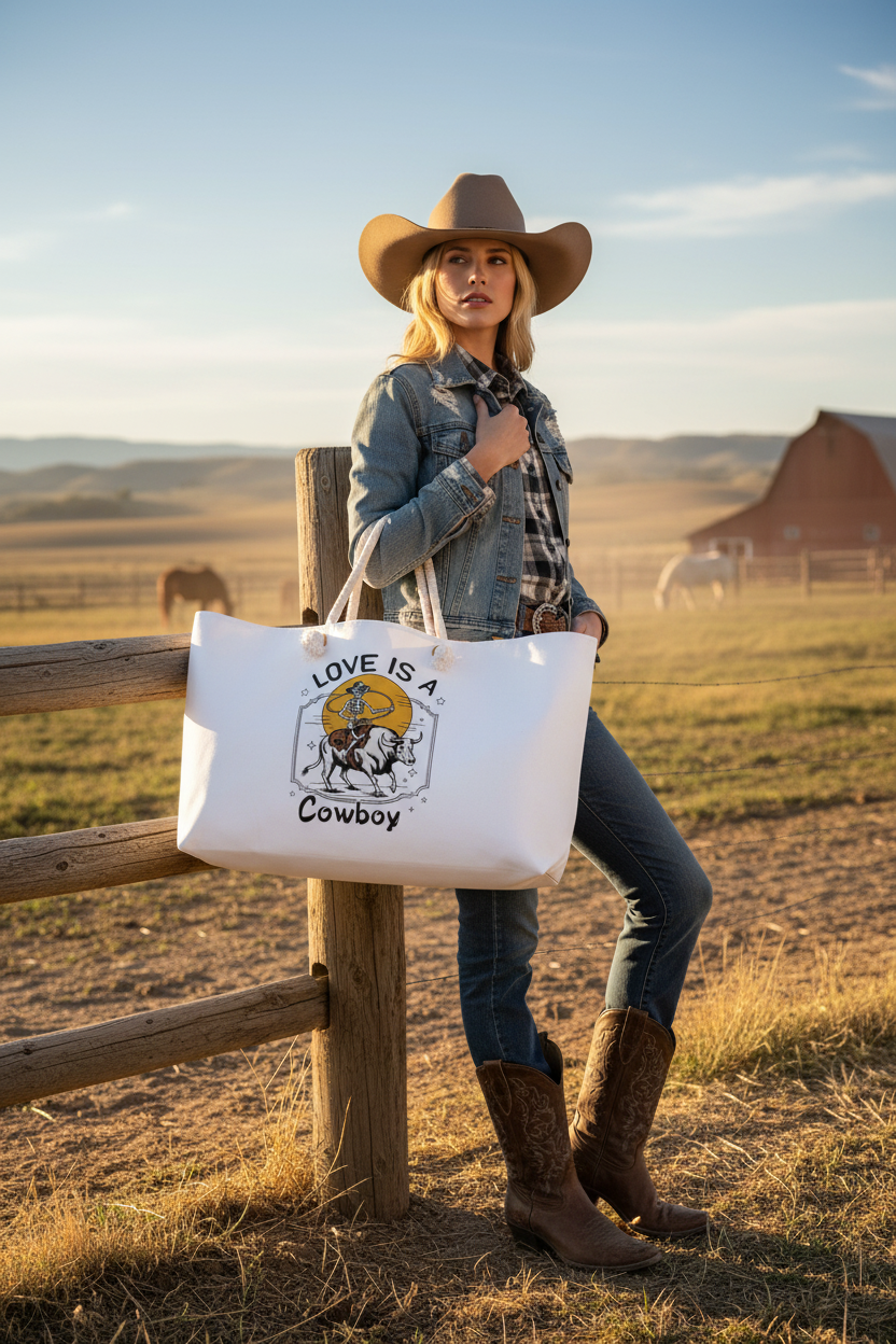 Cowgirl with Love Is a Cowboy weekender bag at ranch