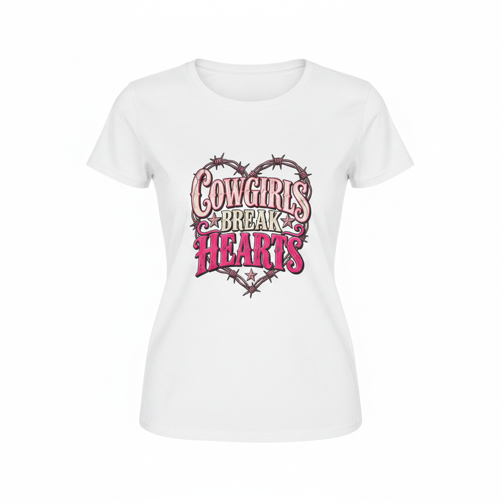 Cowgirls Break Hearts - White Tee Clean Mockup