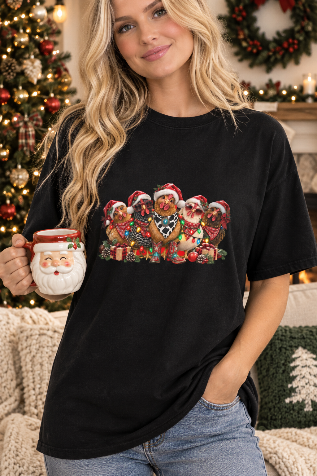 Cozy Christmas lifestyle shot, black tee, correct art