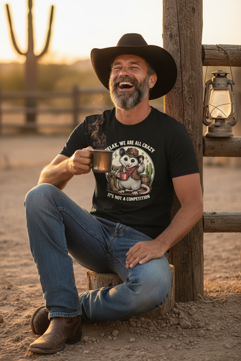 Crazy Cowboy Possum Black Tee - Male Mockup